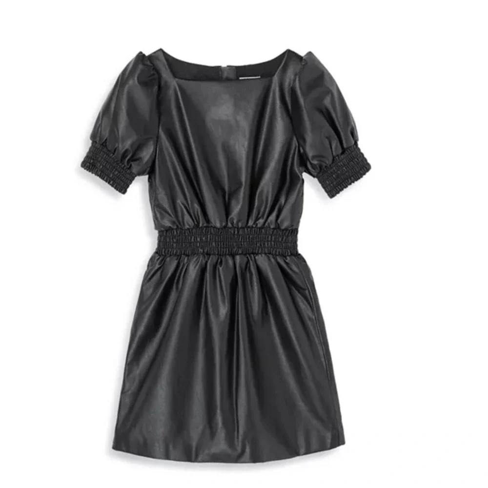 Habitual Girls Dress Black Faux Leather Puff Sleeve Smocked Waist Size 14‎